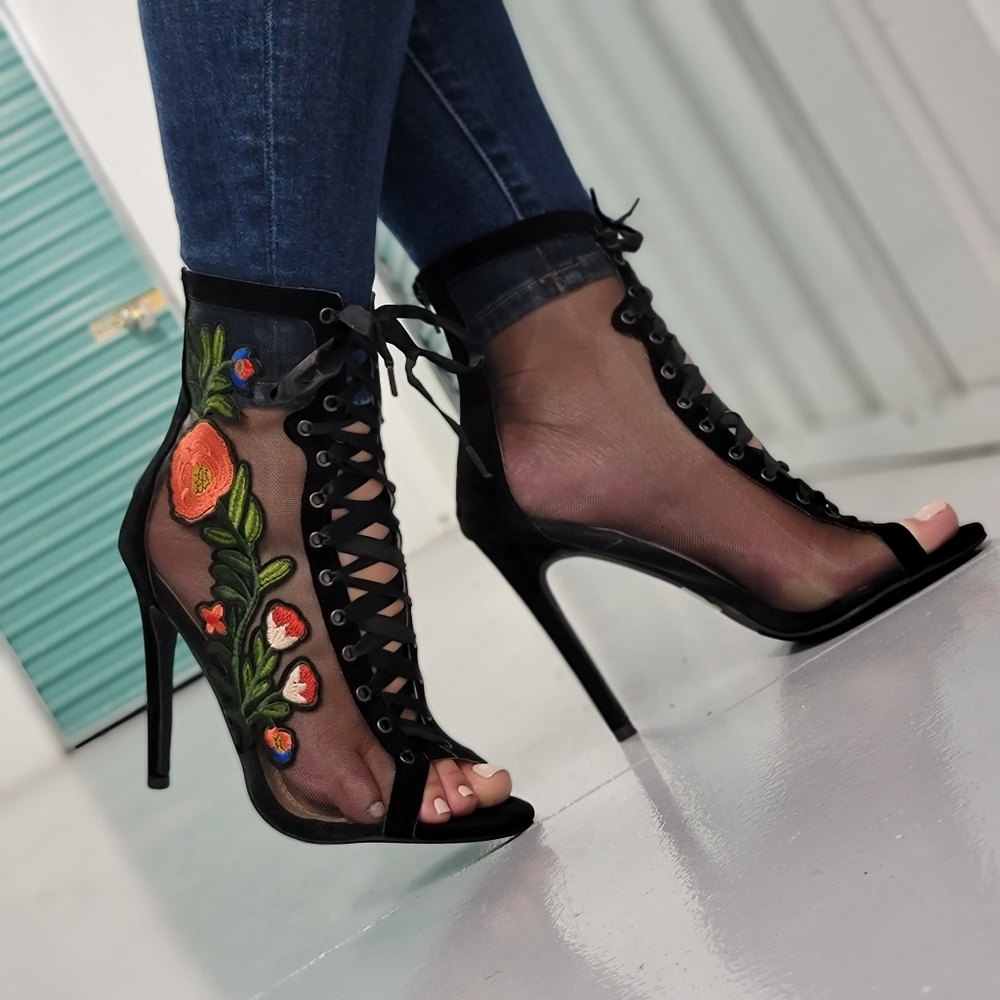 COPY - Women Ankle Open Toe High Heel Booties Lace Up Black Color